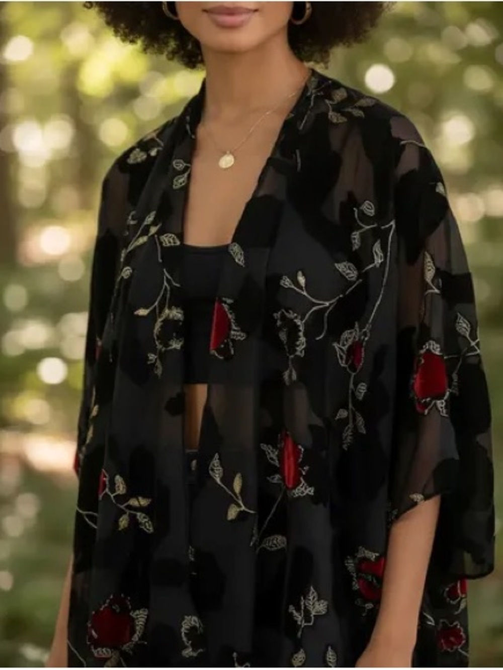 lovestitch Sheer Floral Embroidered and Velvet Kimono